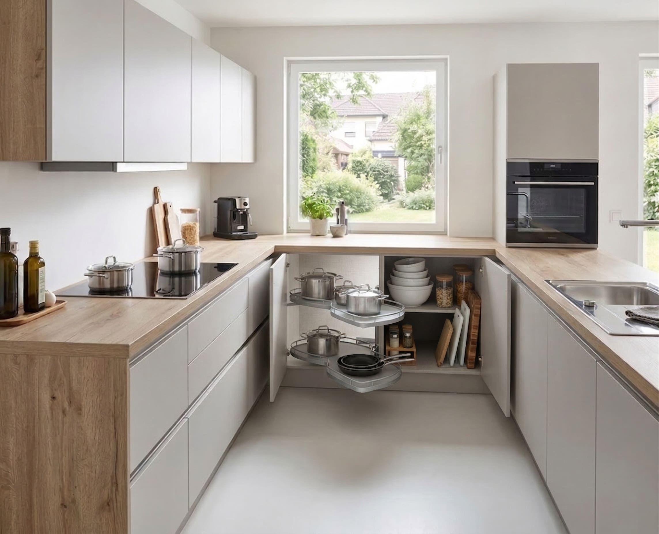 Moderne Küche mit Lemans-Eckschrank, der ausgezogen ist und Töpfe sowie Pfannen zeigt, helle Fronten und Holzarbeitsplatten, großes Fenster mit Blick ins Grüne.